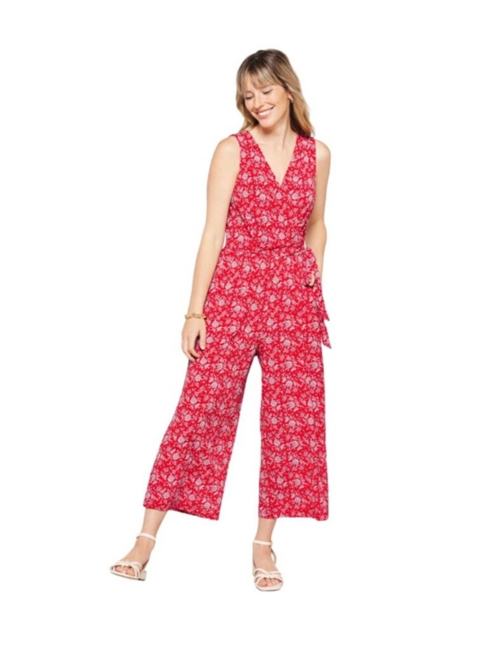 NEW Kaileigh Delaney Knit Cropped Jumpsuit Women's Size M Red Floral